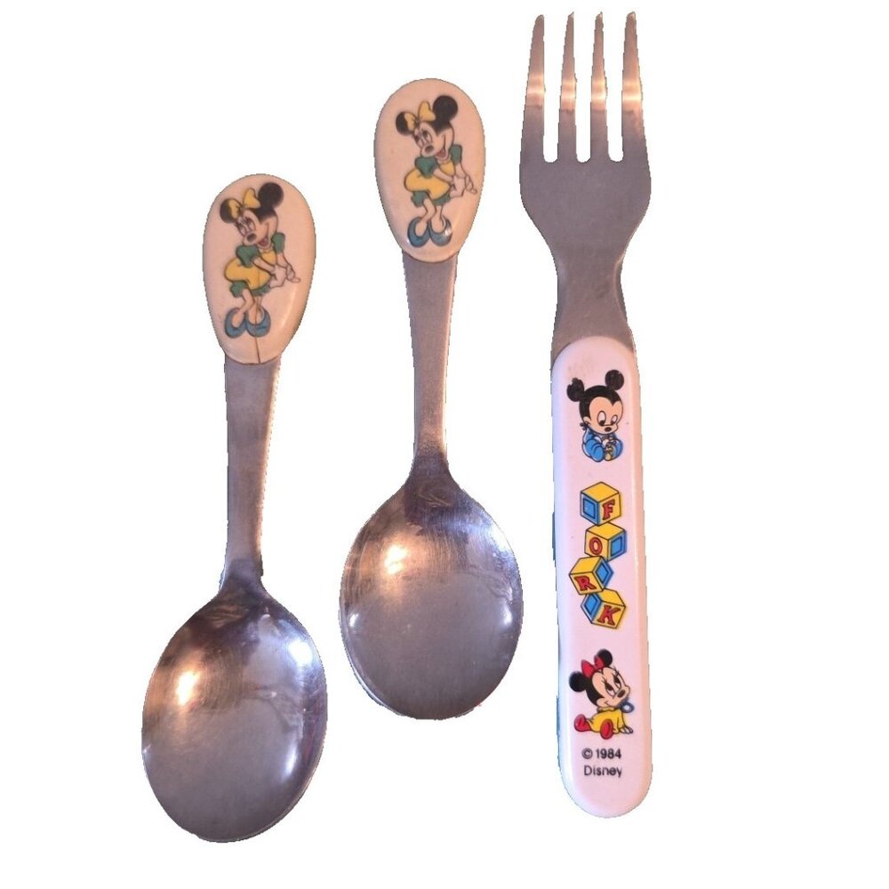 Disney Baby Mickey Minnie Donald Daisy Feeding Set Fork 2 Spoons 1984 AS IS
